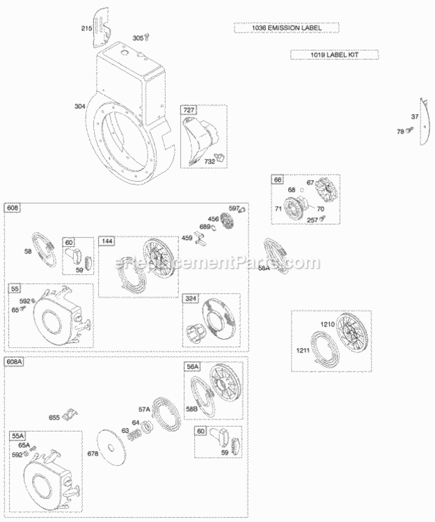 Blower_Housing_Rewind_Starter Diagram and Parts List for 19G412-1129-E1  Briggs and Stratton Engine